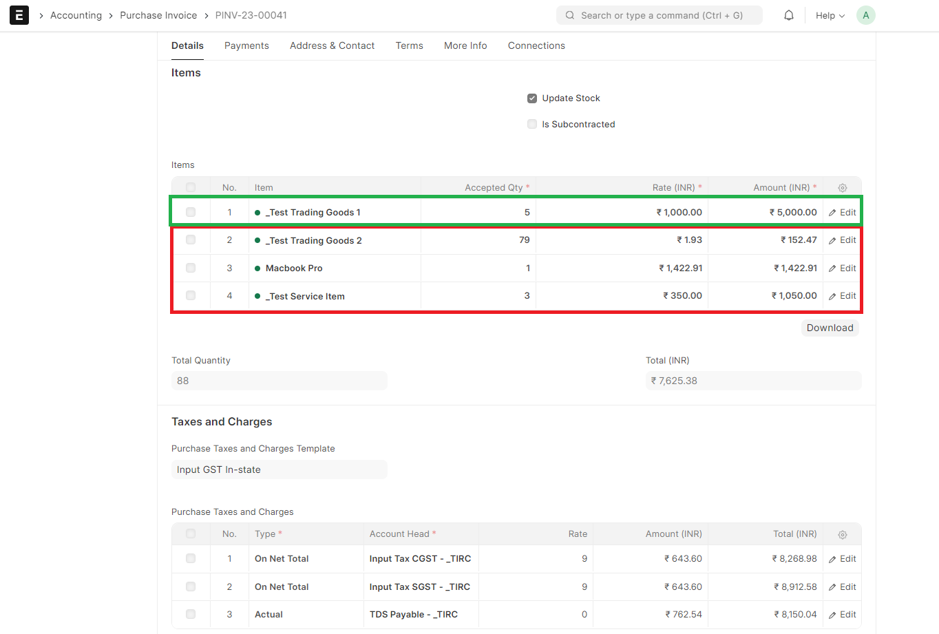 Purchase Invoice With Eligible and Ineligible Items